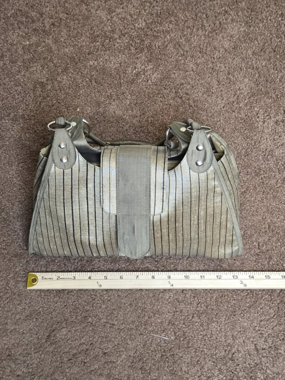 Sentosa Silk Metallic Taupe Brown Pinstripe Hobo Bag Academia Chic